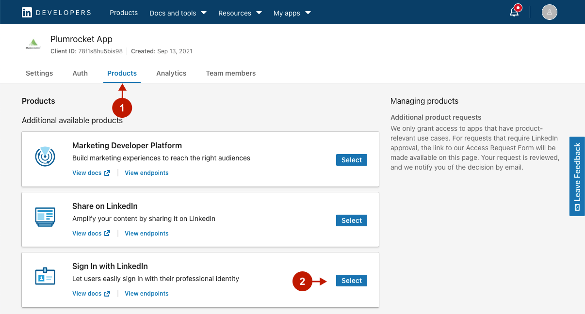 Adding products to LinkedIn application step 1