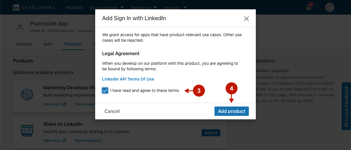 Adding products to LinkedIn application step 2