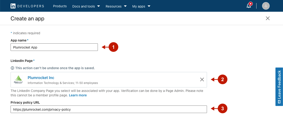 Creating new LinkedIn application step 2