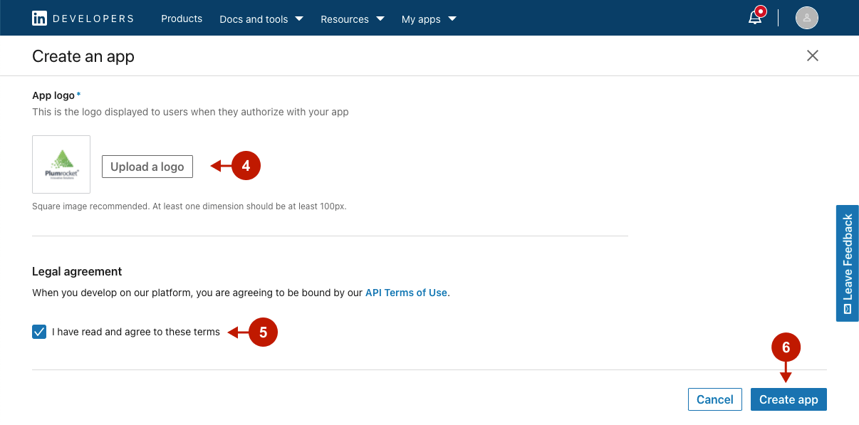 Creating new LinkedIn application step 3