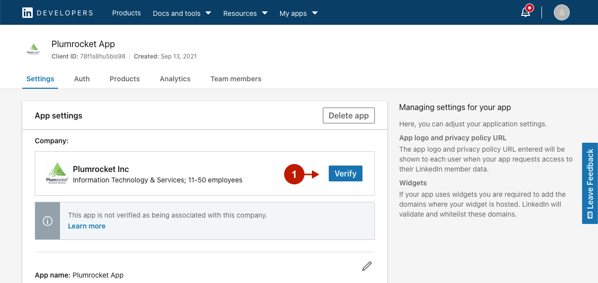 Verifying LinkedIn Application step 1
