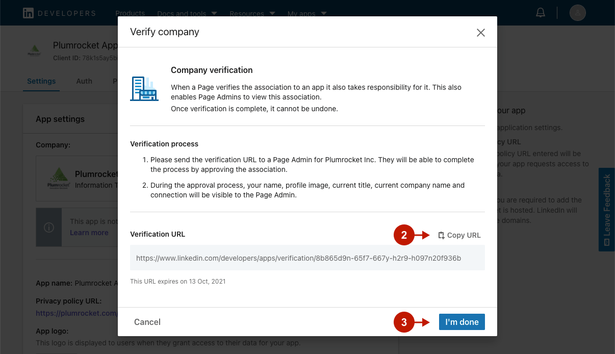 Verifying LinkedIn Application step 2