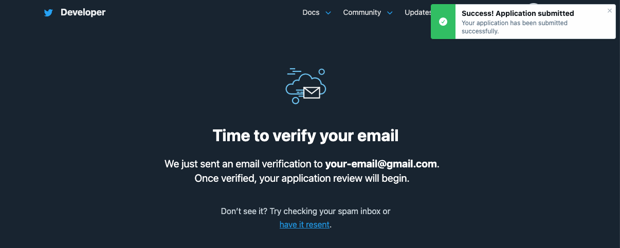 Setting up Twitter Developer account application - Email Verification screen
