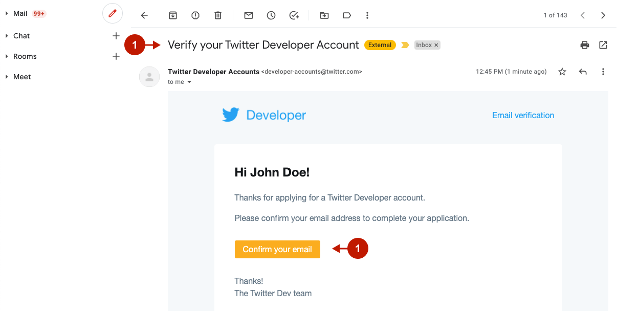 Setting up Twitter Developer account application - verifying an email