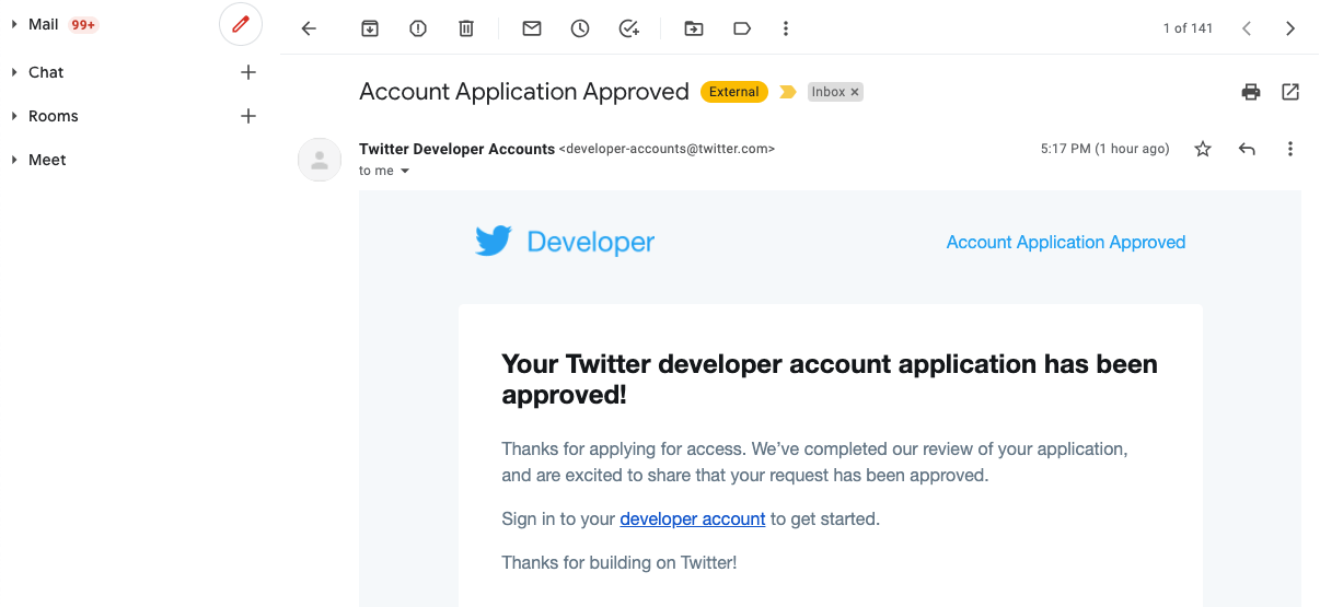 Setting up Twitter Developer account application - successful verification email