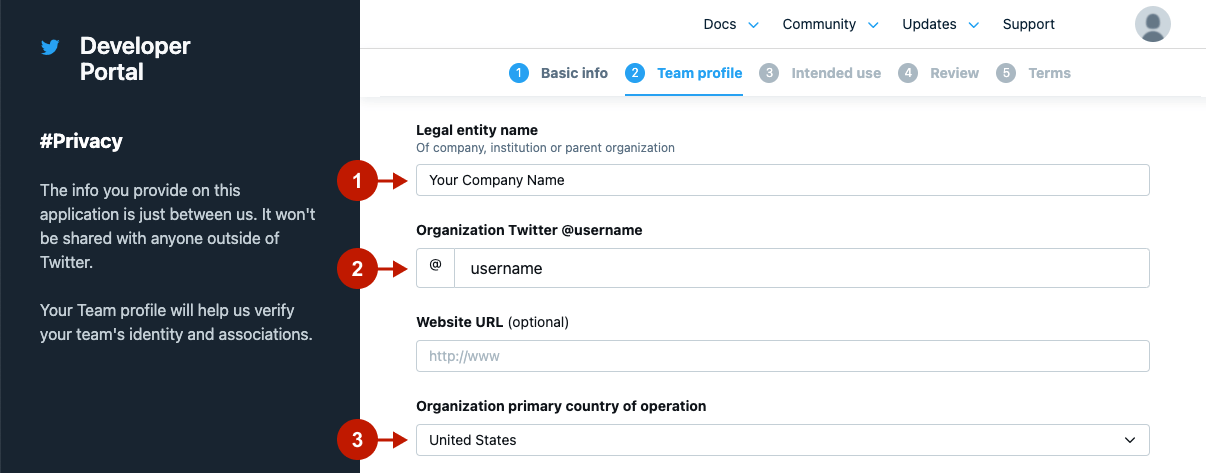 Setting up Twitter Developer account application - Team profile step