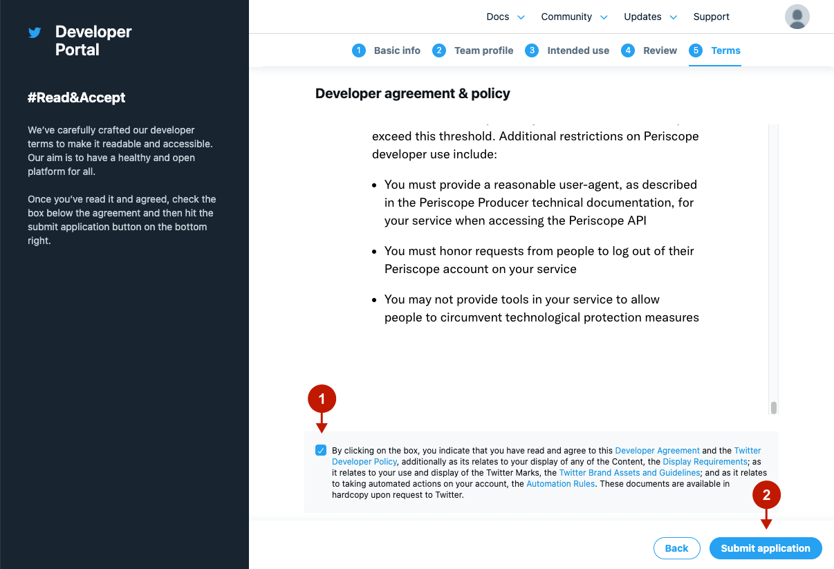 Setting up Twitter Developer account application - Terms step