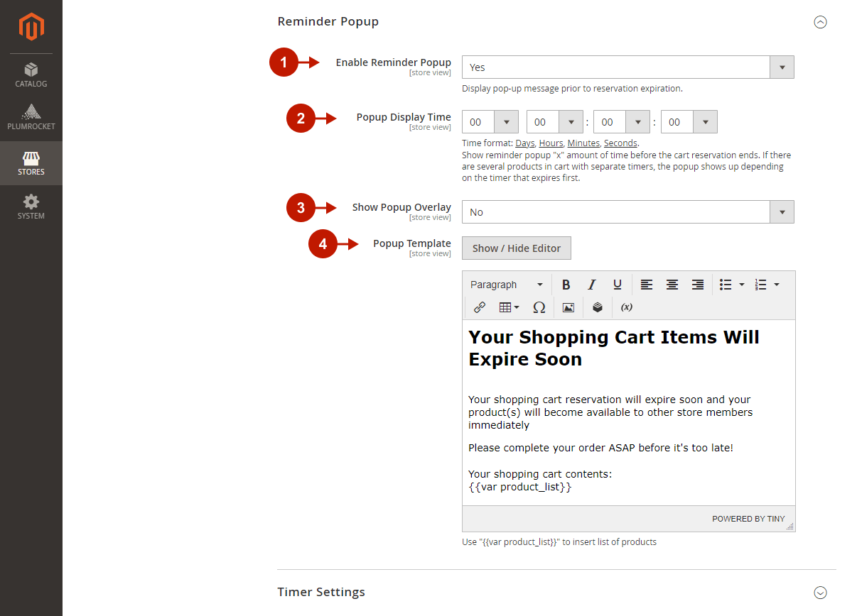 Magento 2 Cart Reservation extension - Configuration - Reminder Popup Settings