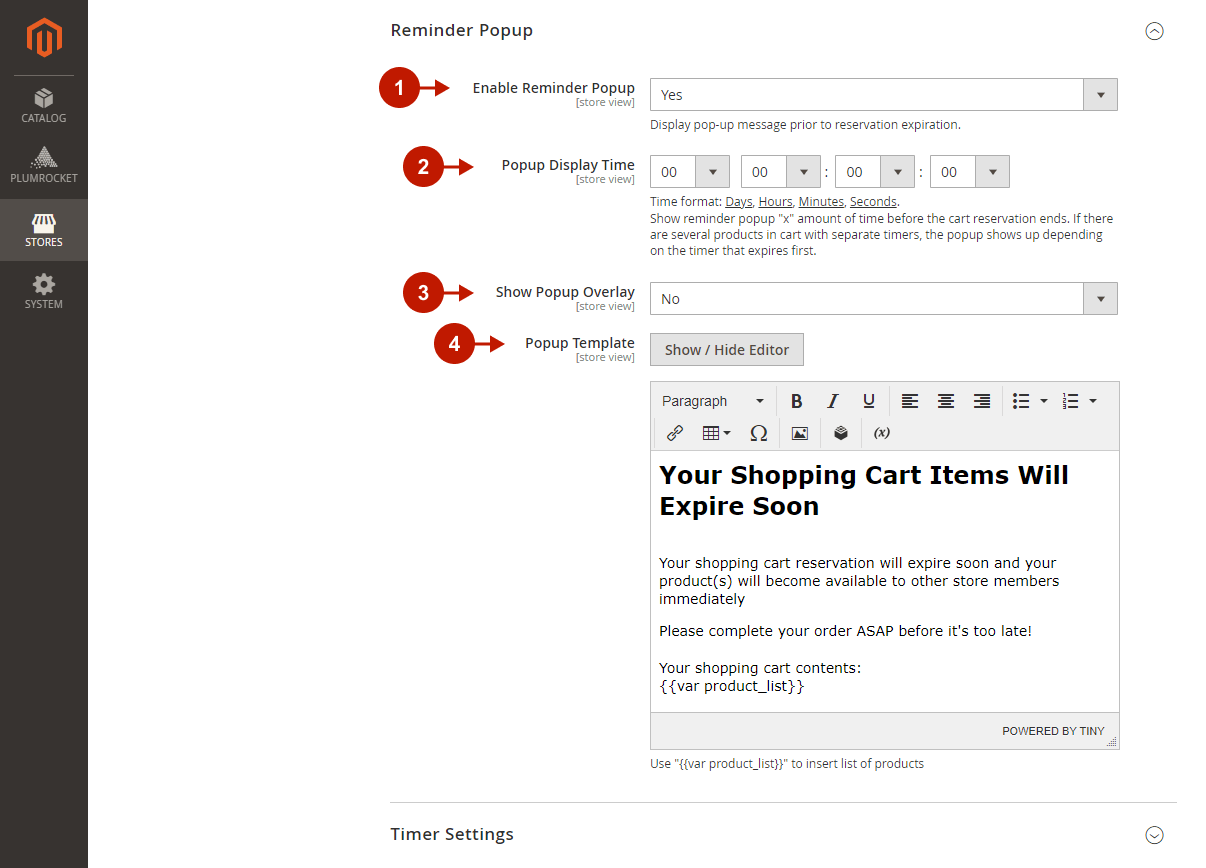 Magento 2 Cart Reservation extension - Configuration - Reminder Popup Settings 