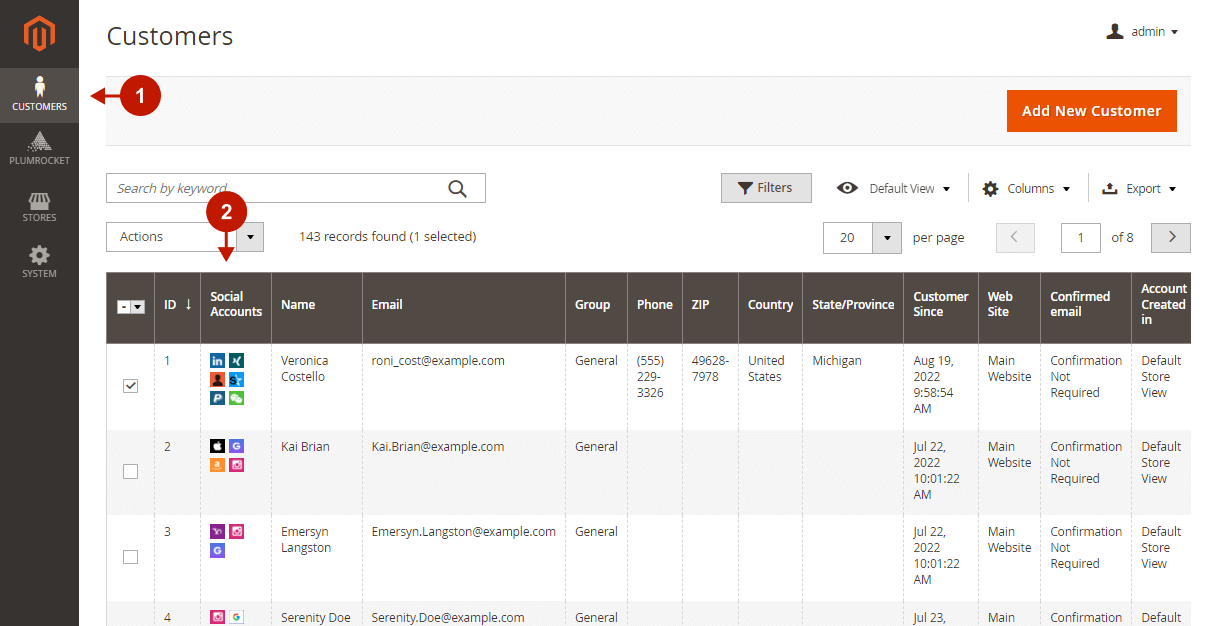 Magento 2 Social Login Pro extension configuration - manage customers grid