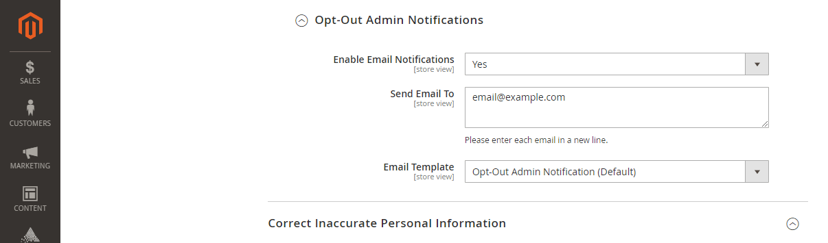 Magento 2 CCPA & CPRA extension configuration - Opt-Out Admin Notifications