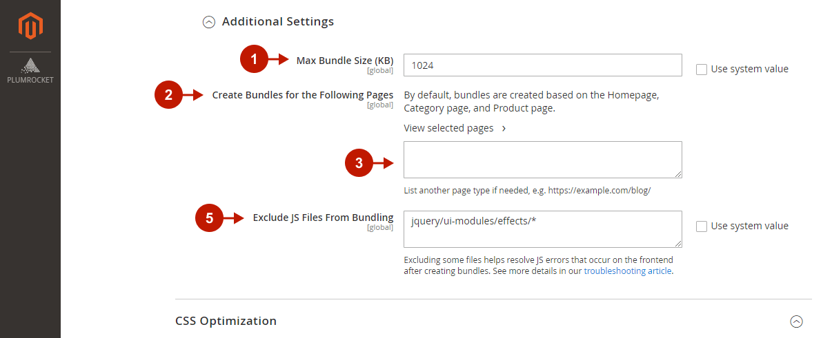 Magento 2 Google Page Speed Optimizer Extension Configuration - JS Bundling Additional Settings