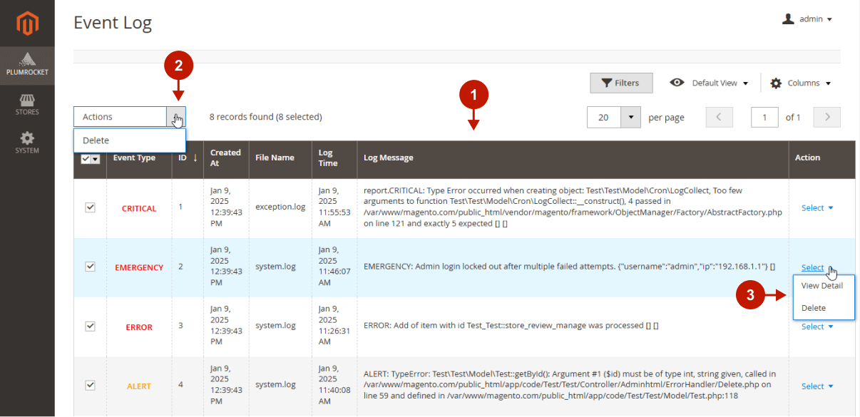 Magento 2 Admin Email Notififcations Extension - Event Log (Error Log) Grid