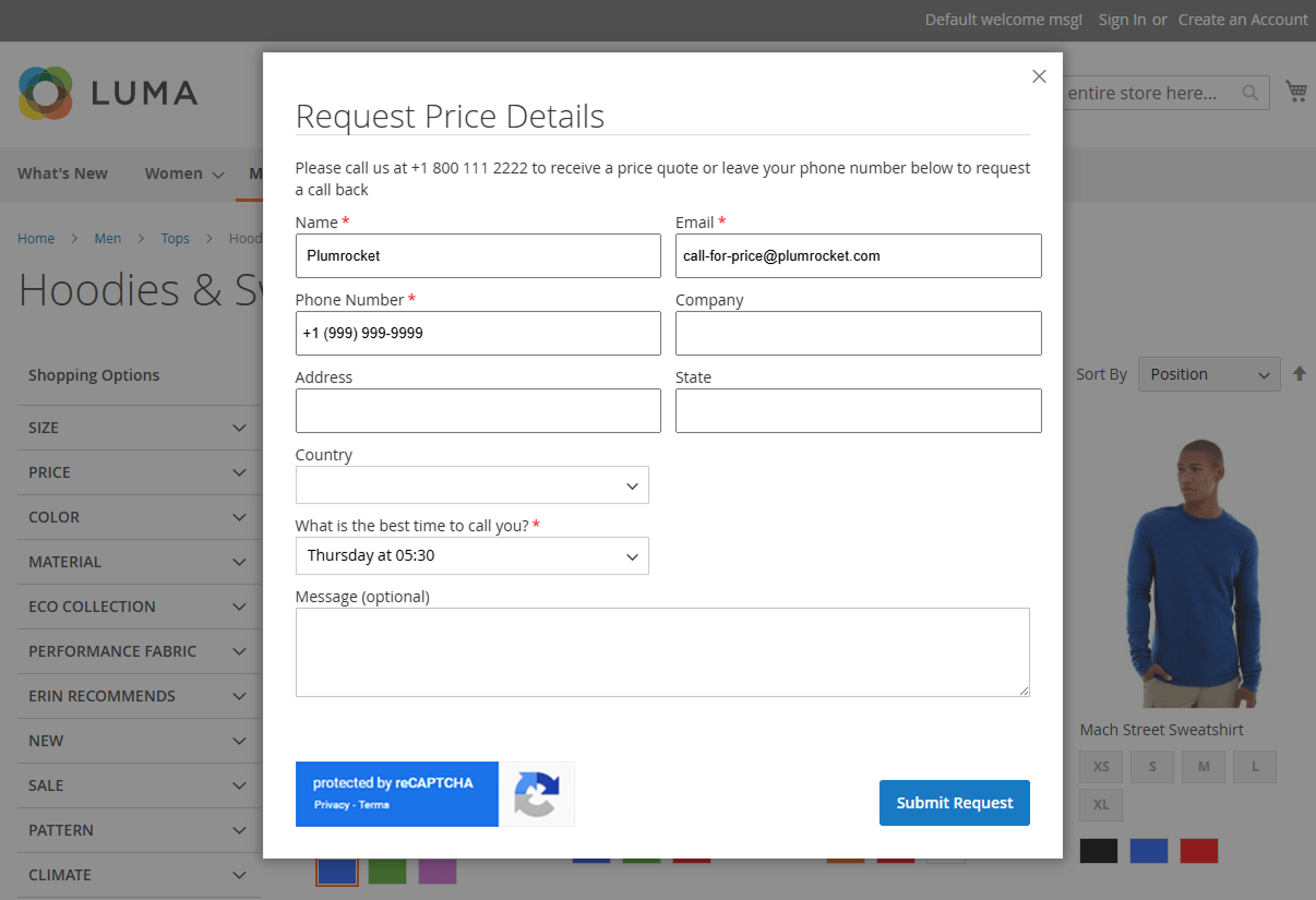Magento 2 Call For Price Recaptcha Result