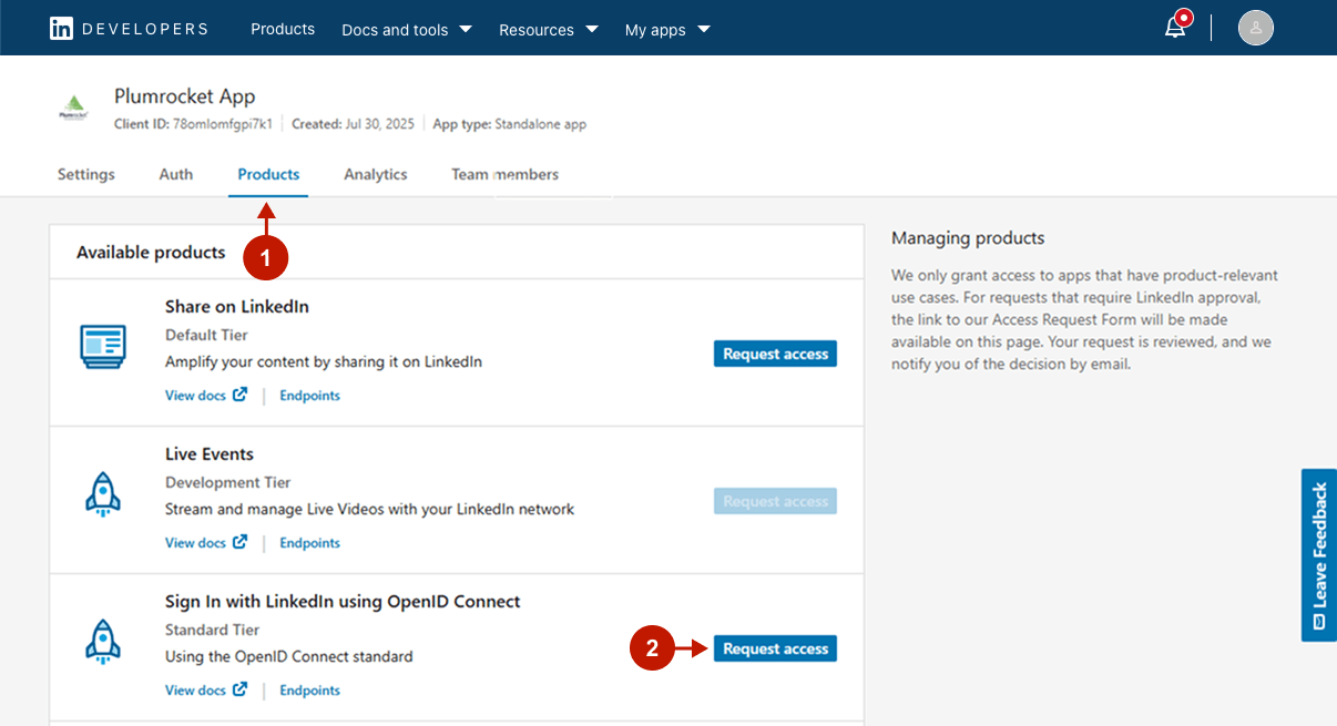 Adding products to LinkedIn application step 1