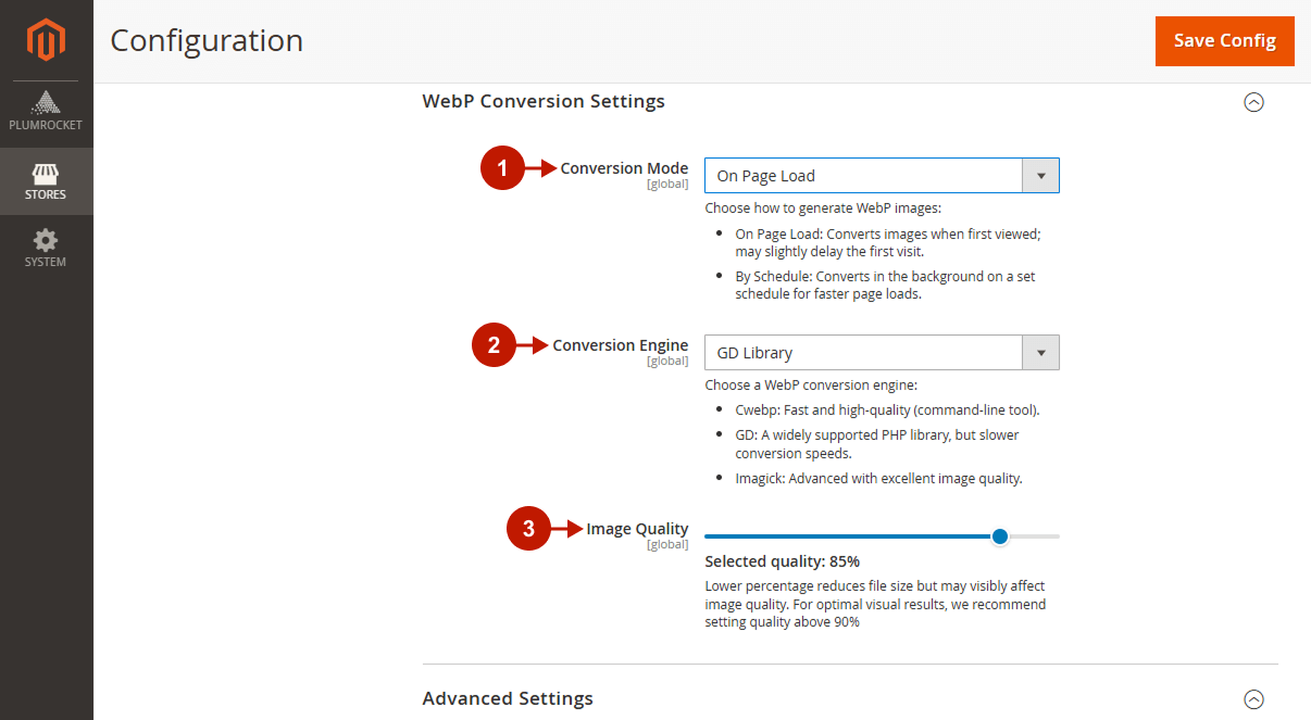 Magento 2 WebP Image Optimizer Extension - WebP Conversion Settings