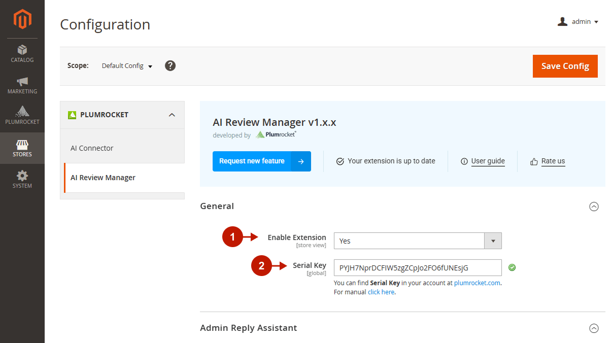 Magento 2 AI Review Manager General settings with Enable Extension and Serial Key