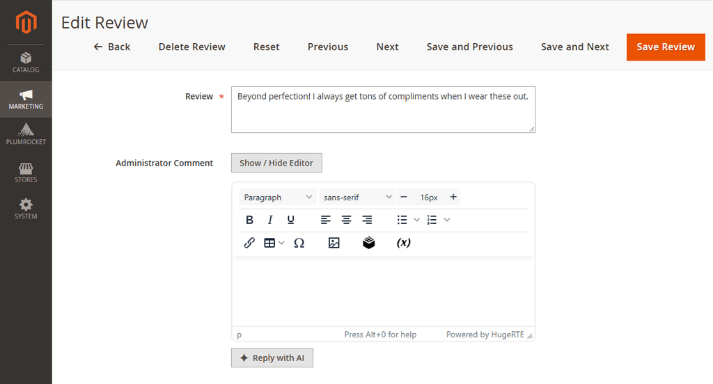 Reply with AI button under the Administrator Comment field on the Magento 2 review edit page