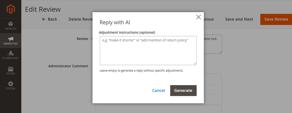 Reply with AI popup with optional adjustment instructions and Generate button