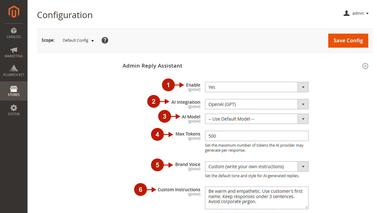 Magento 2 AI Review Manager Admin Reply Assistant settings: AI provider, model, max tokens and brand voice