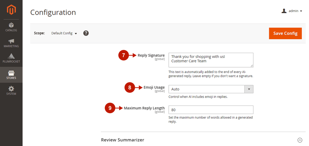Magento 2 AI Review Manager reply signature, emoji usage and maximum reply length settings