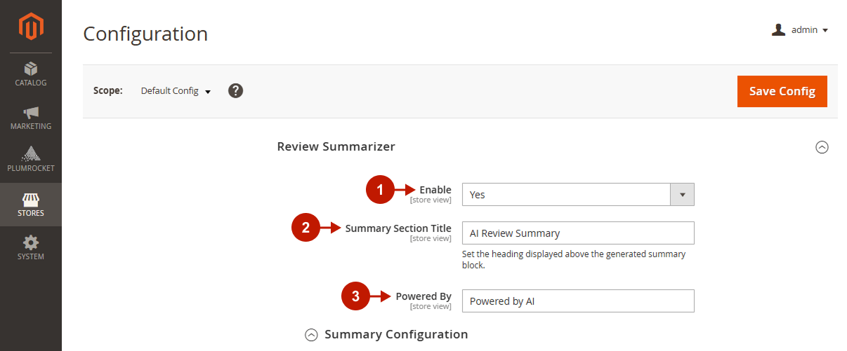 Magento 2 AI Review Manager Review Summarizer settings with summary section title and Powered By label
