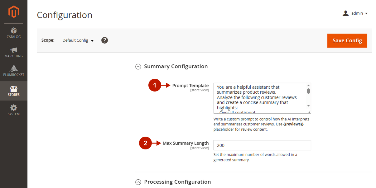Magento 2 AI Review Manager summary prompt template and maximum summary length