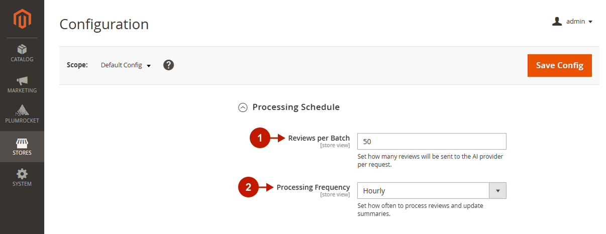 Magento 2 AI Review Manager processing schedule with reviews per batch and frequency settings