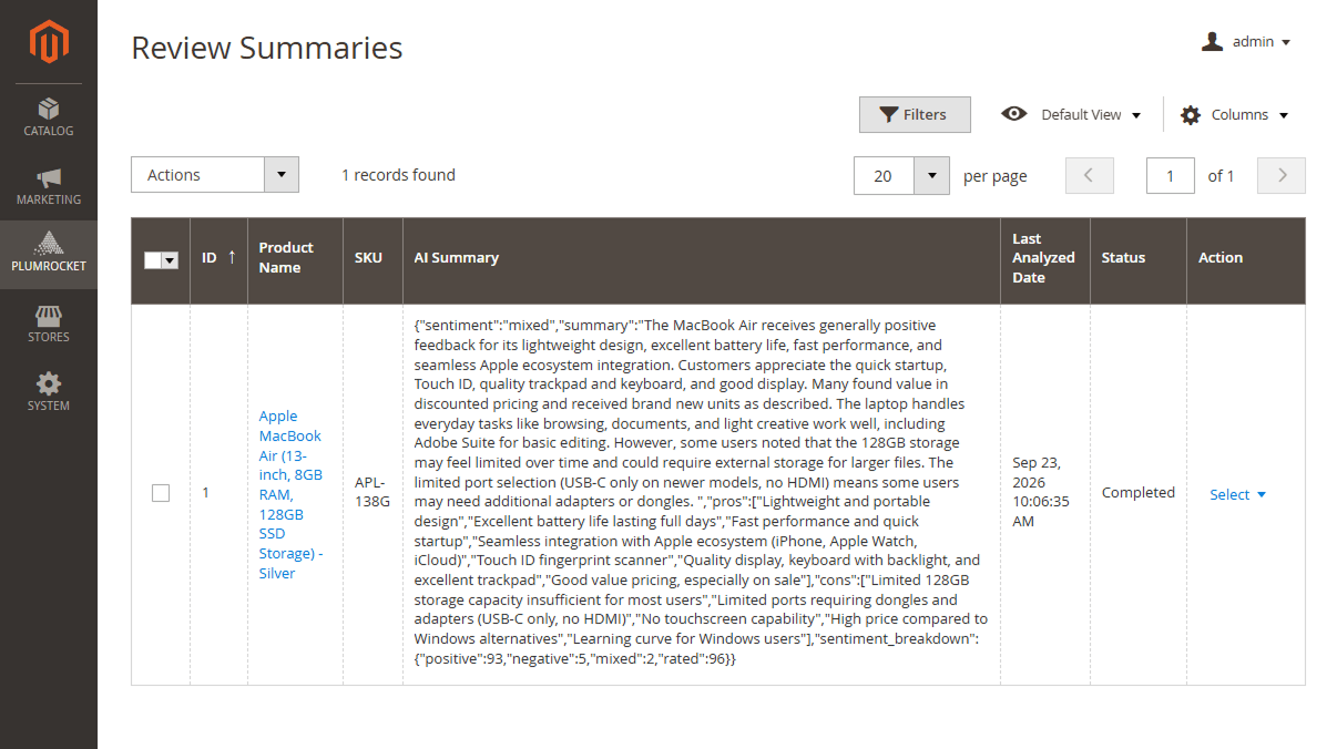Magento 2 AI Review Manager Review Summaries grid with AI summaries and status per product