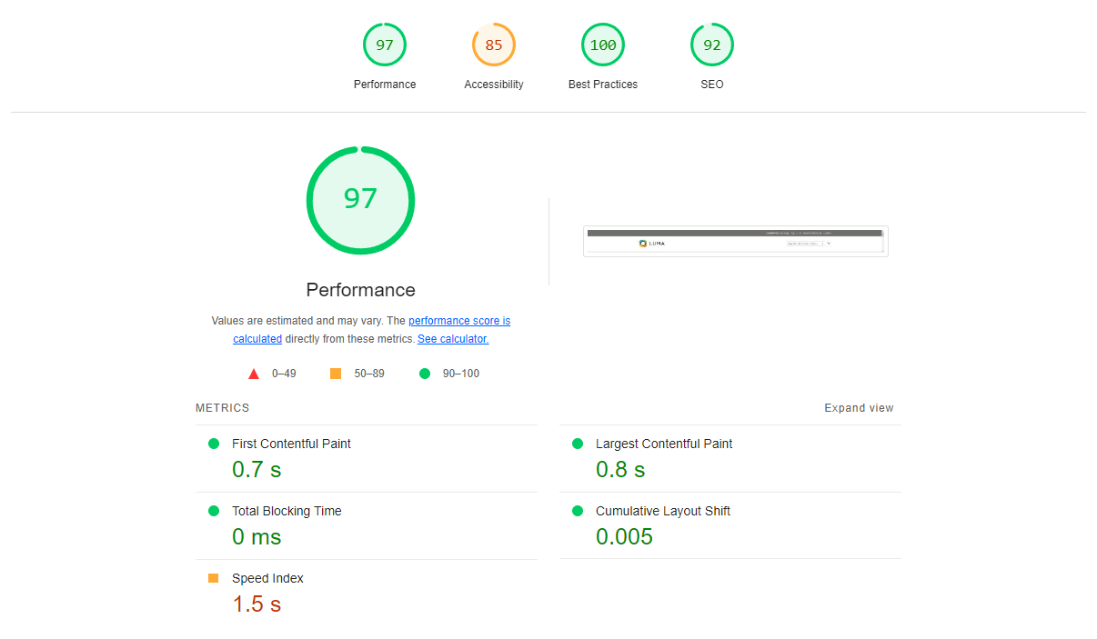 Hyvä VS Luma Performance on Desktop Devices: Luma's Homepage