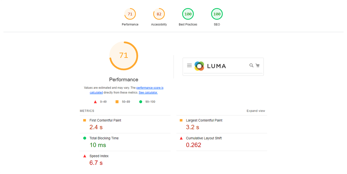 Hyvä VS Luma Performance on Mobile Devices: Luma's Product Page