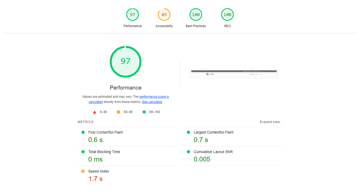 Hyvä VS Luma Performance on Desktop Devices: Luma's Product Page