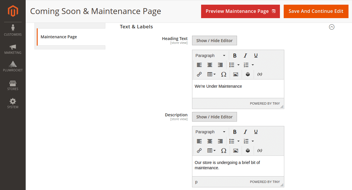 How to Manage & Improve Magento 2 Maintenance Page — Configure & Preview Your Maintenance Page — "Text & Labels" tab