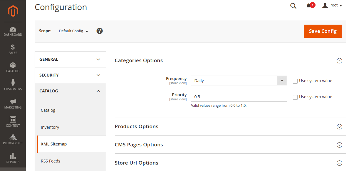 Configure Magento 2 XML Sitemap Categories/Product/CMS Pages/URL Options section