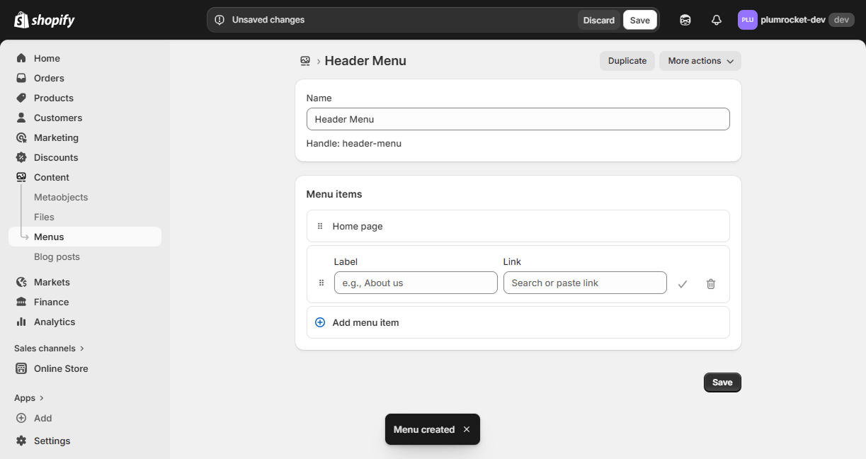 Add a New Header Menu in Shopify