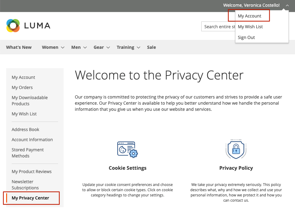 How logged-in customers can access GDPR Data Privacy Center