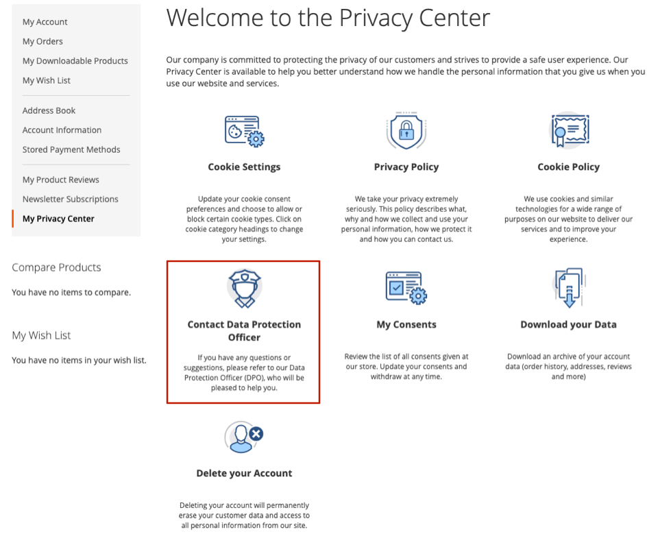 Magento 2 GDPR extension - Privacy Center - Data Protection Officer
