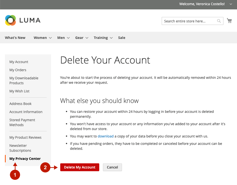 Magento 2 GDPR extension - Privacy Center - Delete Account