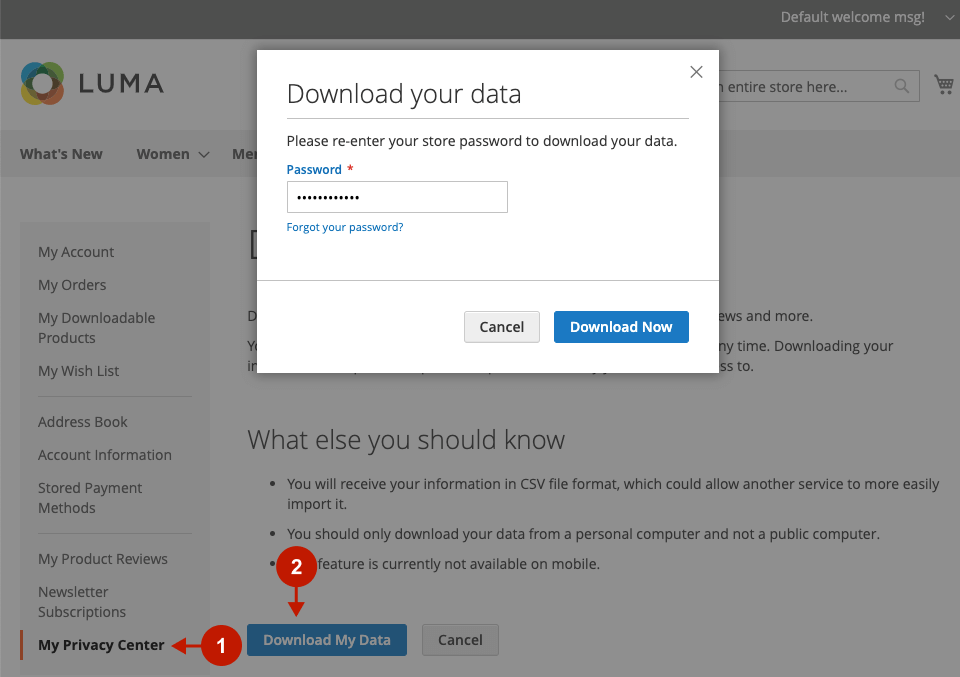 Magento 2 GDPR extension - Privacy Center - Download Data