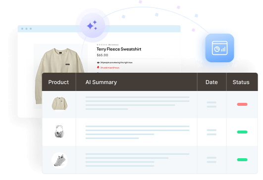 Review Summaries grid in the Magento 2 admin with product, AI summary, date and status columns