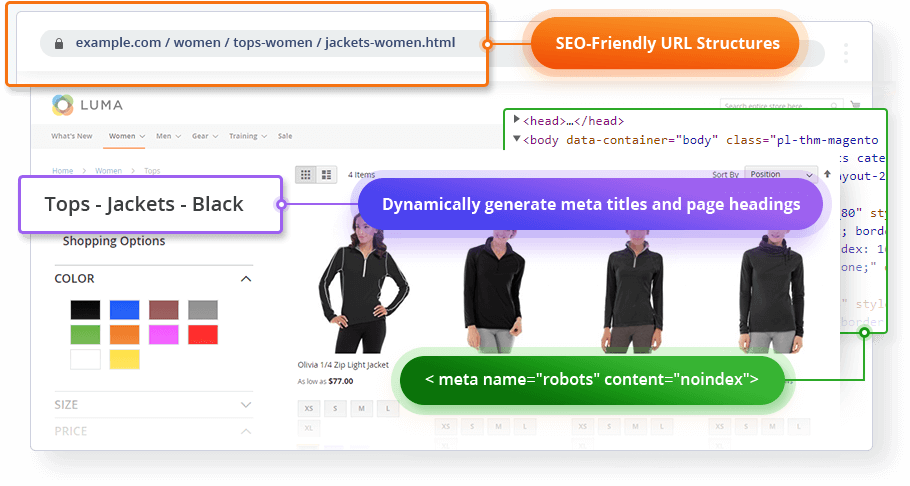 Magento 2 Layered Navigation - SEO friendly URLs and unique meta tags